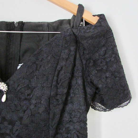 Vintage 80s 90s Black Lace Cocktail Dress Off Shoulder LBD Holiday Party Small - Picture 2 of 13